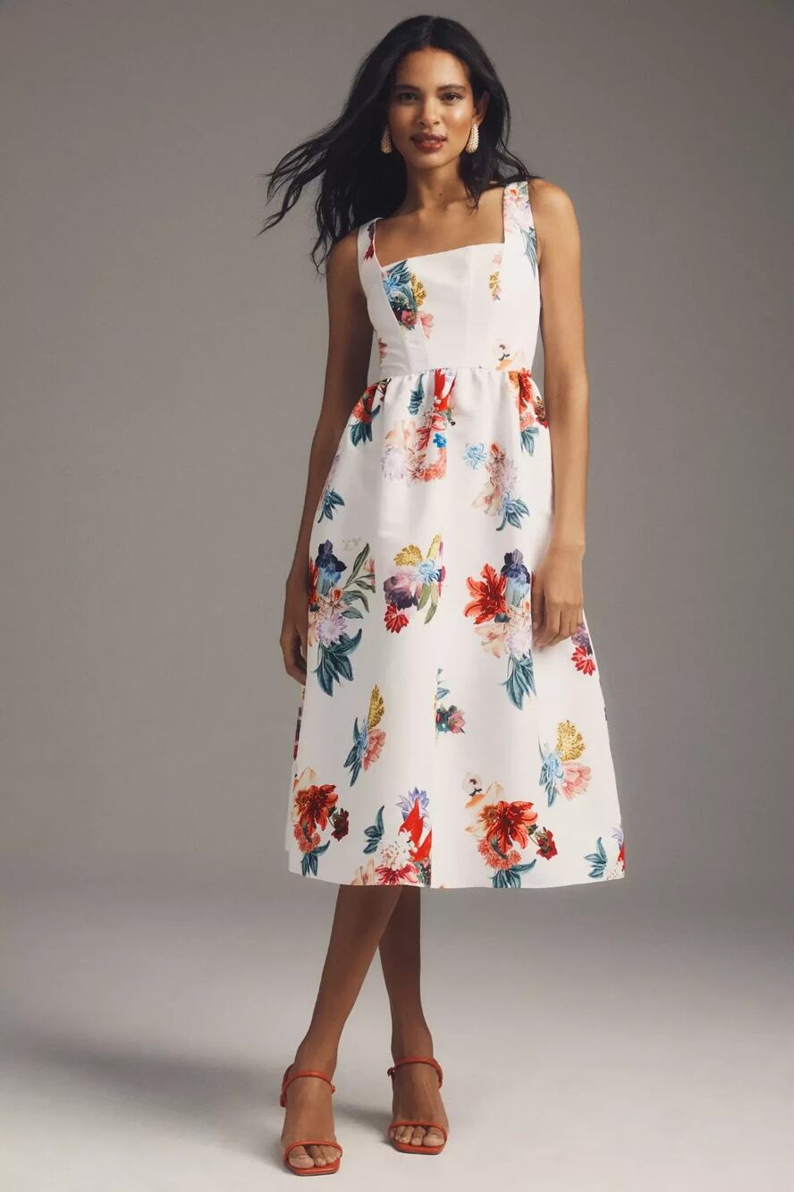 Sachin & Babi Blaine Taffeta Square-Neck Midi Dress Size Large Floral